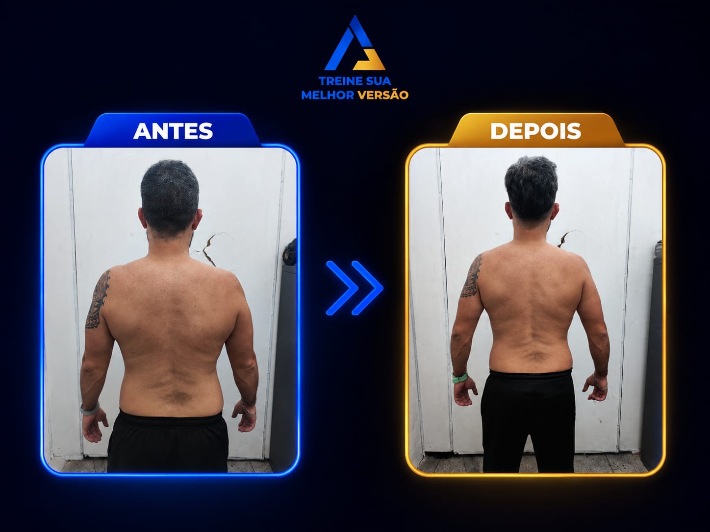 Antes e depois de aluno em processo de emagrecimento, vista posterior