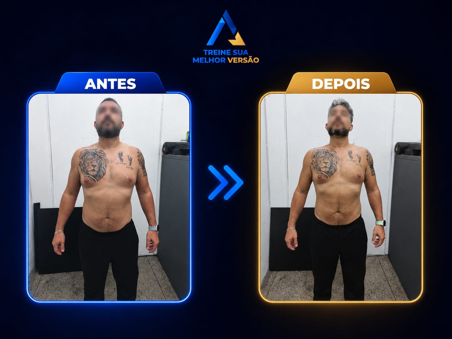 Antes e depois de aluno em processo de emagrecimento, vista frontal